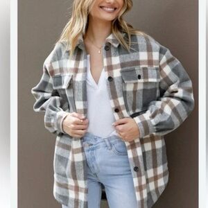 Women Plaid Jacket - Gray and Brown